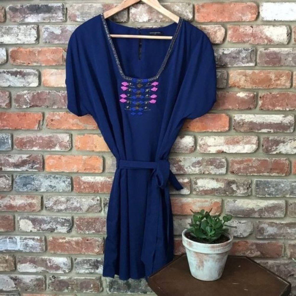 Banana Republic Medium 8 Boho Beaded Navy Shift Dress Short Sleeve